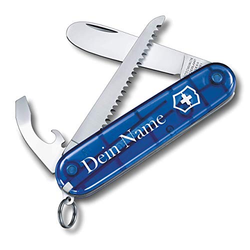 Victorinox Kinder Taschenmesser My First Wunschdruck I Name auf der Schale I Geschenk I zum Geburtstag I Schweizer Taschenmesser personalisiert 9 Funktionen 0.2373.T (blau transparent)